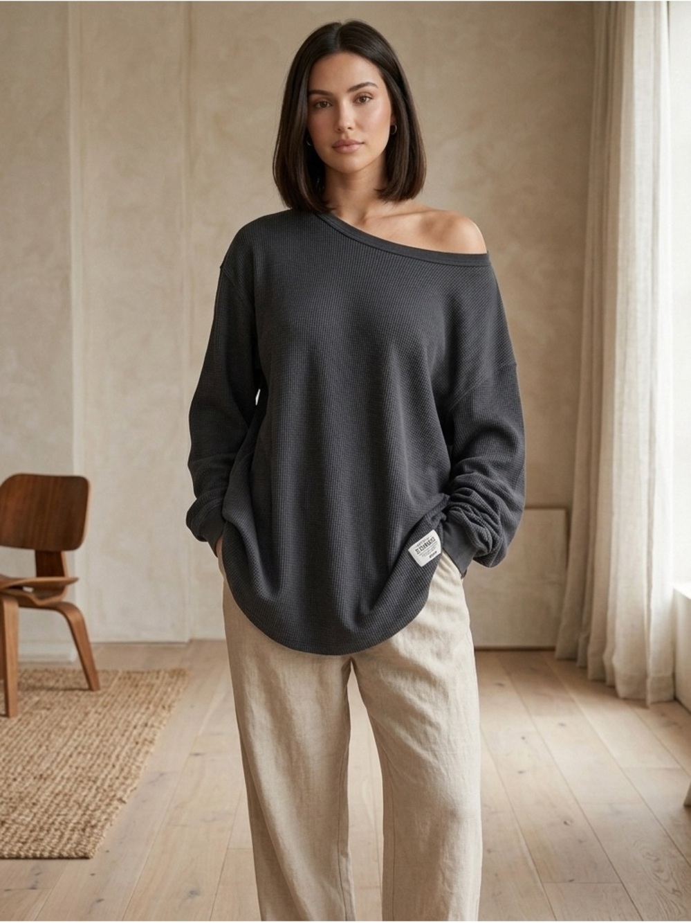 SKIMS Men's Midweight Waffle Long Sleeve Shirt Graphite Gray XXL Oversized